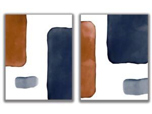 abstract navy blue, white & rust blocks wall art. set of 2 11x14 unframed prints. abstract, minimalist modern wall decor. neutral shades of dark indigo blue, burnt orange and white.