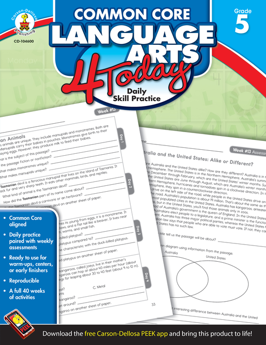 Carson Dellosa | Common Core Language Arts 4 Today Workbook | Grade 5, Printable