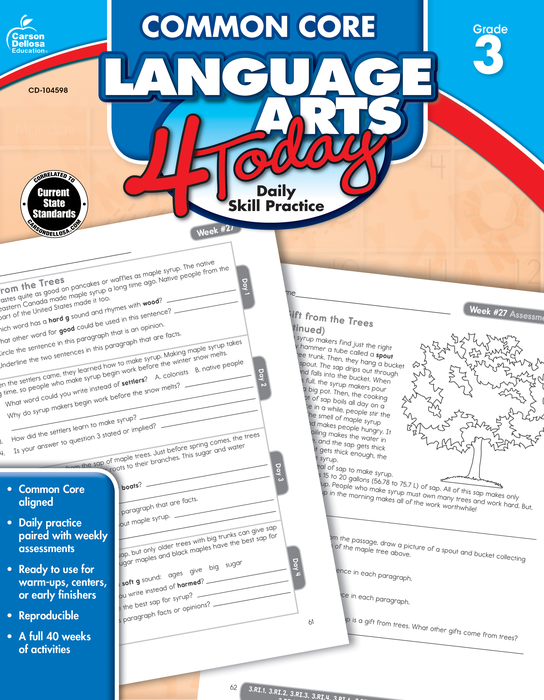 Carson Dellosa | Common Core Language Arts 4 Today Workbook | Grade 3, Printable