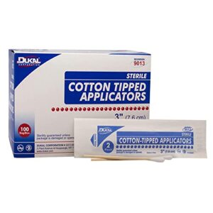 dukal cotton tipped applicators 3". pack of 200 swabsticks wood shaft. 100% cotton tip, sterile swabsticks for medical applications. single use wood sticks with single tip, 9013
