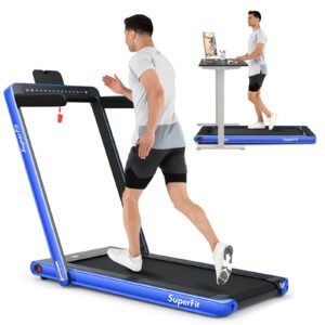 goplus 2 in 1 folding treadmill with dual display, 2.25hp superfit under desk electric pad treadmill, installation-free, blue tooth speaker, app control, remote control, walking jogging for home