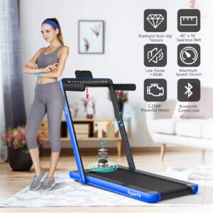 Goplus 2 in 1 Folding Treadmill with Dual Display, 2.25HP Superfit Under Desk Electric Pad Treadmill, Installation-Free, Blue Tooth Speaker, APP Control, Remote Control, Walking Jogging for Home