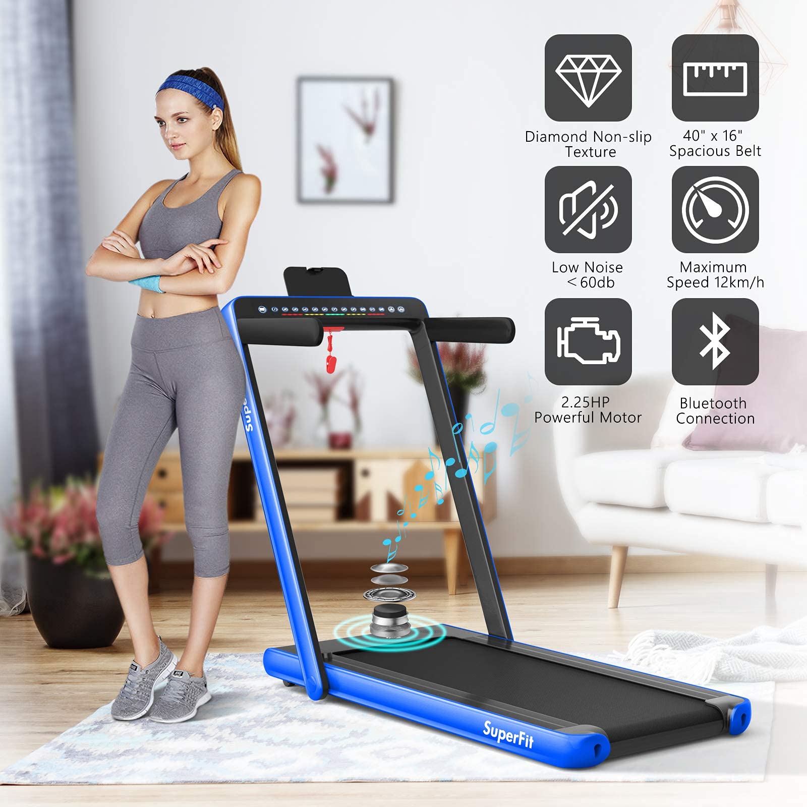 Goplus 2 in 1 Folding Treadmill with Dual Display, 2.25HP Superfit Under Desk Electric Pad Treadmill, Installation-Free, Blue Tooth Speaker, APP Control, Remote Control, Walking Jogging for Home