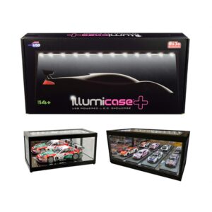 collectible display show case illumicase+ with led lights and mirror base and back for 1/64 1/43 1/32 1/24 1/18 scale models by illumibox mj7710 , black
