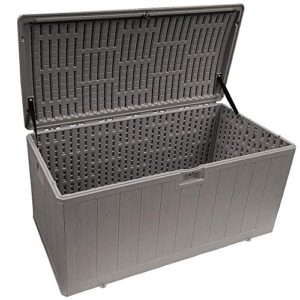 Plastic Development Group 105 Gallon Weatherproof Resin Outdoor Patio Storage Deck Box with Secure Lid Retainer Straps, Driftwood Gray