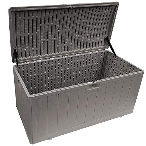 Plastic Development Group 105 Gallon Weatherproof Resin Outdoor Patio Storage Deck Box with Secure Lid Retainer Straps, Driftwood Gray