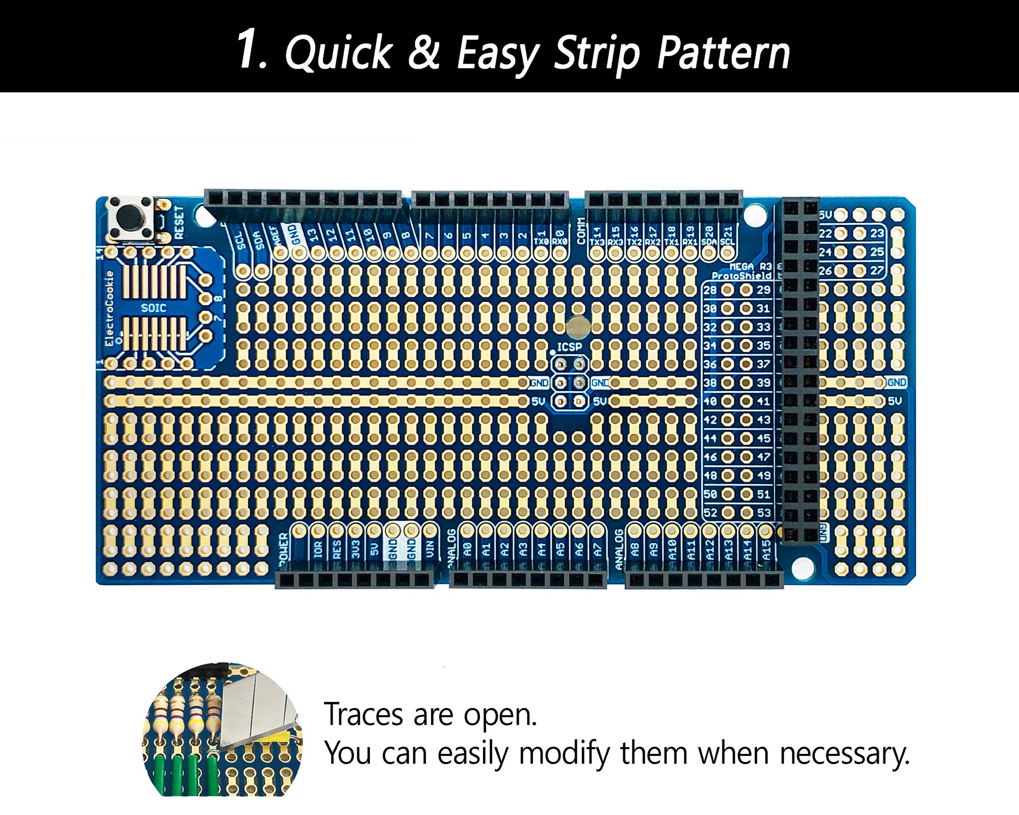 ElectroCookie Proto Shield Kit Compatible with Arduino Mega R3, Stackable DIY Expansion Prototype PCB (2 Pack)