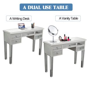 MTFY Mirrored Console Table with 5 Drawer, Silver Mirrored Makeup Dressing Table Vanity Desk, Modern Writing Desk Media Table for Bedroom Living Room Home Office