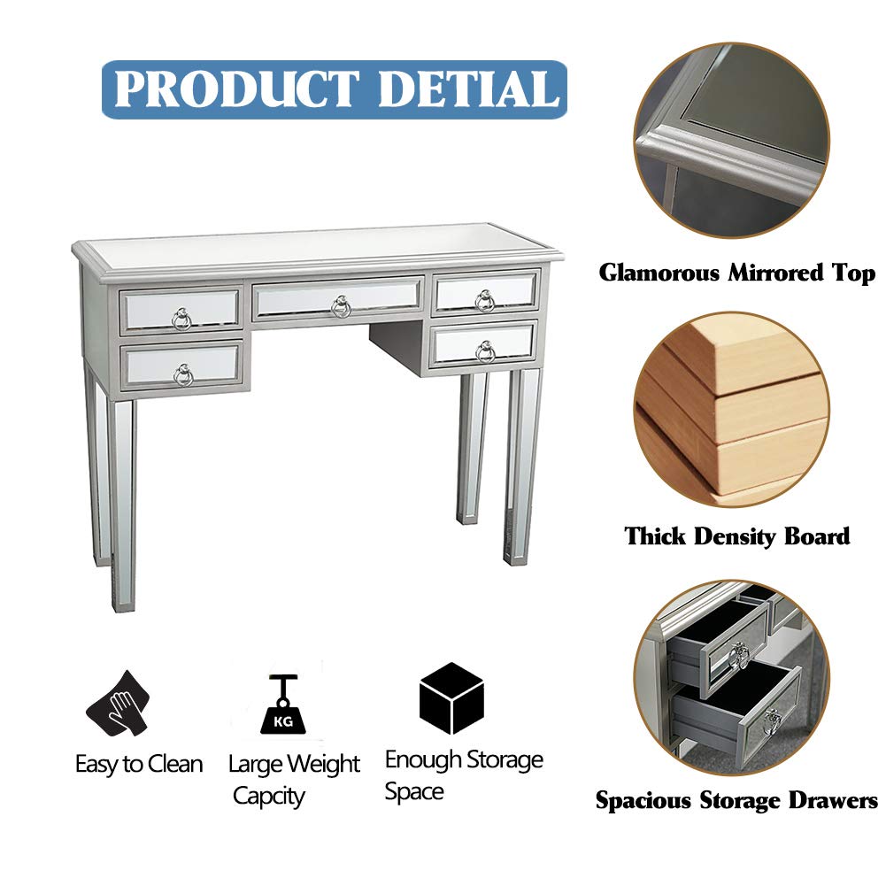 MTFY Mirrored Console Table with 5 Drawer, Silver Mirrored Makeup Dressing Table Vanity Desk, Modern Writing Desk Media Table for Bedroom Living Room Home Office