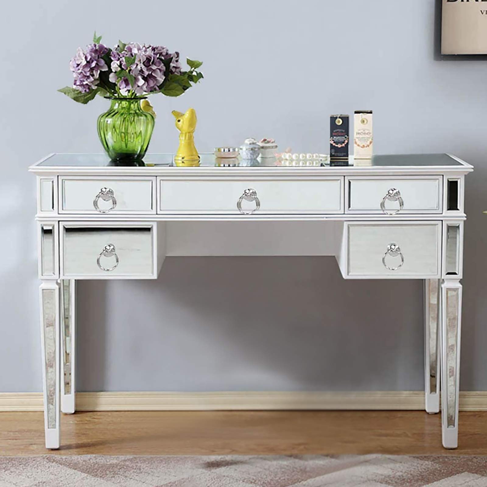 MTFY Mirrored Console Table with 5 Drawer, Silver Mirrored Makeup Dressing Table Vanity Desk, Modern Writing Desk Media Table for Bedroom Living Room Home Office