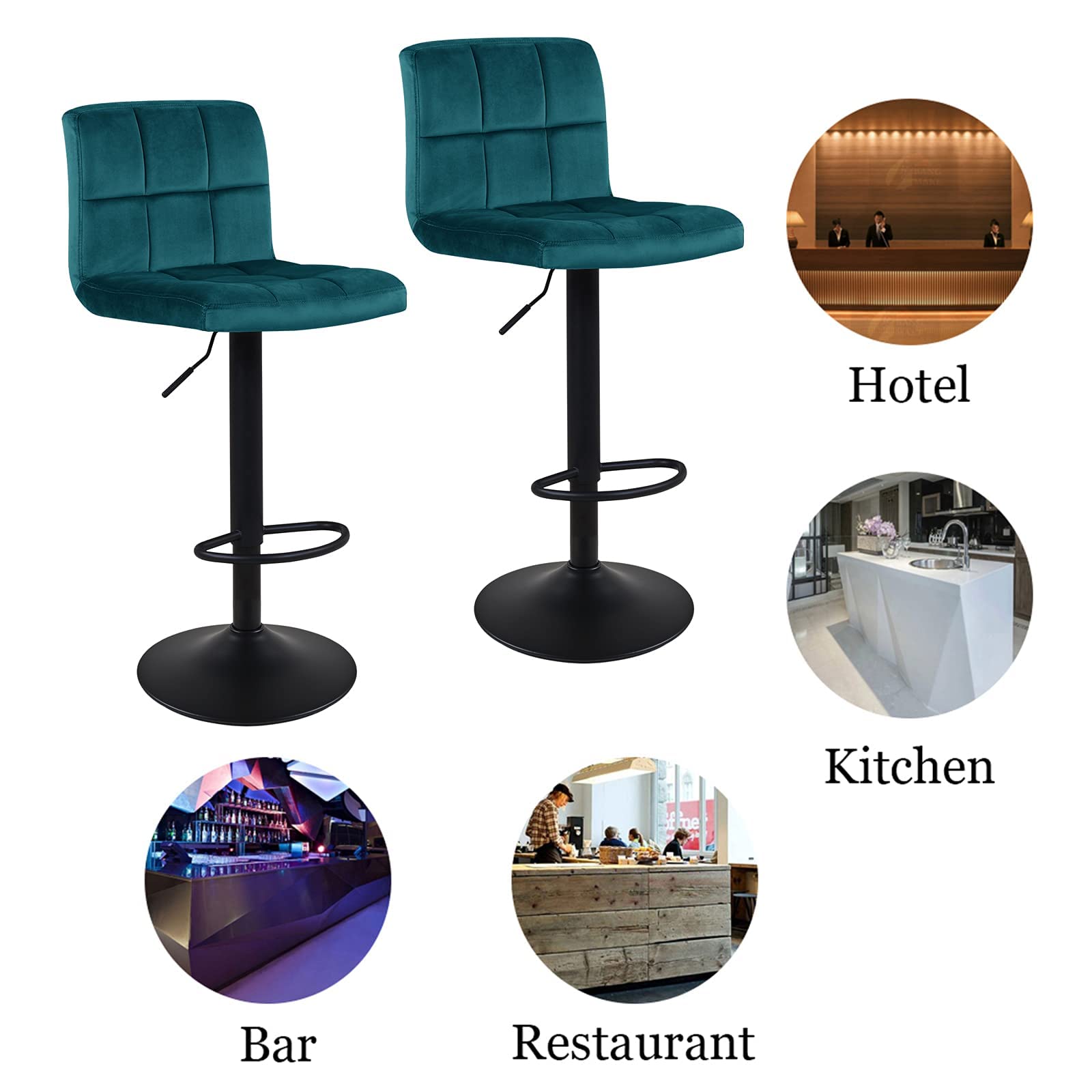 DUHOME Large Size Bar Chairs Set of 2,Adjustable Barstools Seat Made of Velvet Suitable for Restaurants Kitchens Living Rooms Diningroom Entertainment Rooms Offices Cafes Atrovirens