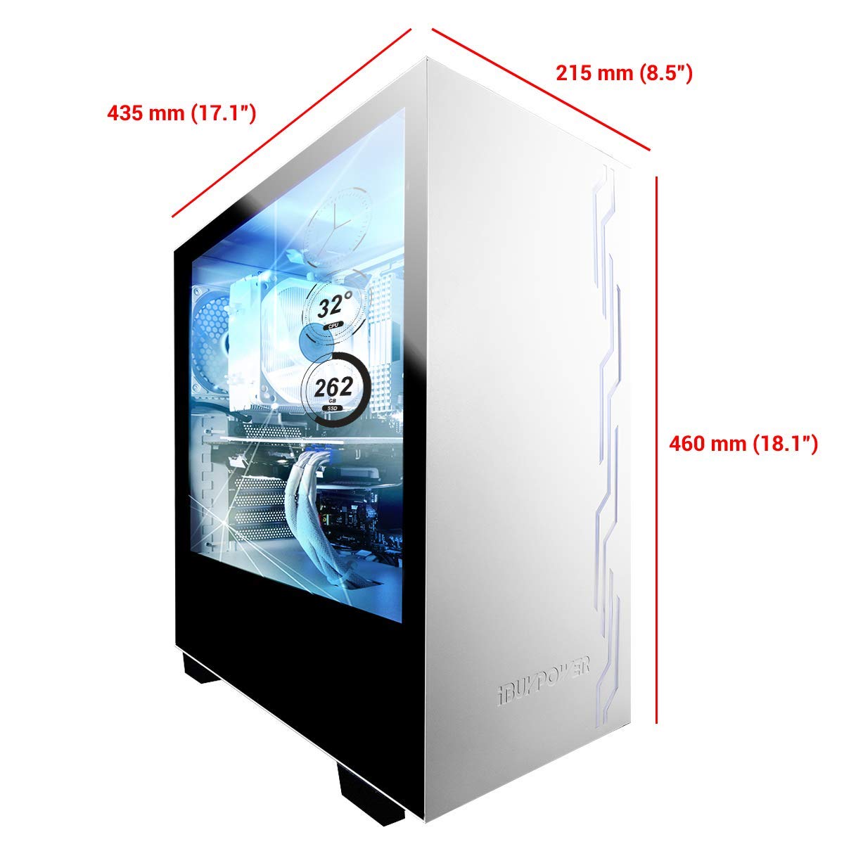 iBUYPOWER Snowblind S 19" Translucent Customizable Side-Panel LCD Display 1280 x 1024 Resolution Mid-Tower Desktop Computer Gaming Case 3 x 120 Millimeter Fans SECC Steel, White