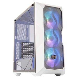 cooler master masterbox td500 mesh white airflow atx mid-tower with polygonal mesh front panel, crystalline tempered glass, e-atx up to 10.5", three 120mm argb lighting fans