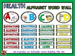 health alphabet word wall- complete display and editable word building file