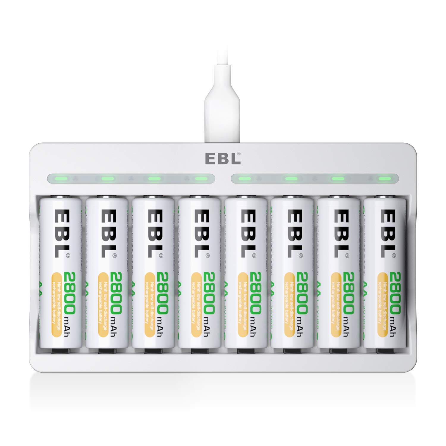 EBL Rechargeable AA Batteries 2800mAh 8 Pack and 8-Bay AA AAA Individual Rechargeable Battery Charger with 5V 2A USB Fast Charging Function