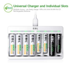 EBL Rechargeable AA Batteries 2800mAh 8 Pack and 8-Bay AA AAA Individual Rechargeable Battery Charger with 5V 2A USB Fast Charging Function