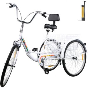 Bkisy Tricycle Adult 24’’ 7-Speed 3 Wheel Bikes for Adults Three Wheel Bike for Adults Adult Trike Adult Folding Tricycle Foldable Adult Tricycle 3 Wheel Bike Trike for Adults (White)