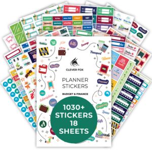 budget stickers by clever fox - 18 sheets set of 1030+ unique budget planner stickers for your monthly, weekly & daily planner, budget planner, calendar or journal, budget sticker book (budget pack)