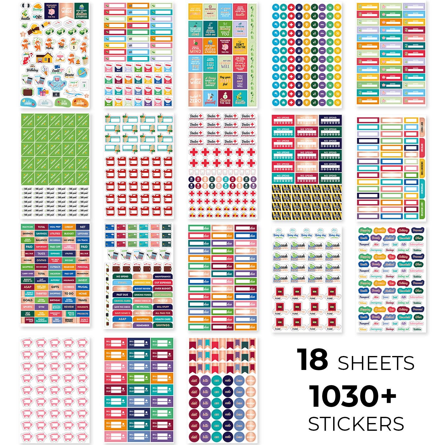 Budget Stickers by Clever Fox - 18 Sheets Set of 1030+ Unique Budget Planner Stickers for Your Monthly, Weekly & Daily Planner, Budget Planner, Calendar or Journal, Budget Sticker Book (Budget Pack)