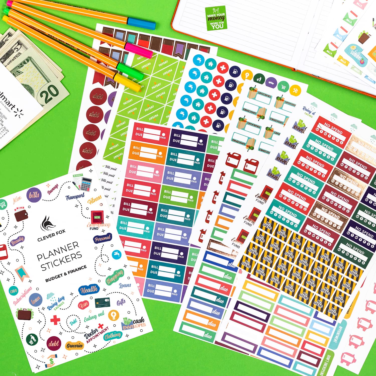 Budget Stickers by Clever Fox - 18 Sheets Set of 1030+ Unique Budget Planner Stickers for Your Monthly, Weekly & Daily Planner, Budget Planner, Calendar or Journal, Budget Sticker Book (Budget Pack)