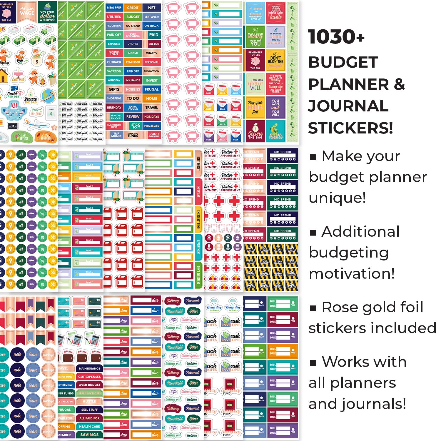 Budget Stickers by Clever Fox - 18 Sheets Set of 1030+ Unique Budget Planner Stickers for Your Monthly, Weekly & Daily Planner, Budget Planner, Calendar or Journal, Budget Sticker Book (Budget Pack)