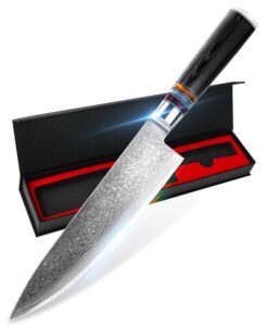 yaiba chef knife 8 inch damascus japanese knife vg10 stainless steel, razor sharp kitchen cooking knife with ergonomic handle- sheath & gift box, superb edge retention, stain & corrosion resistant