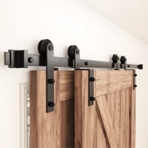 zekoo 8 ft bypass sliding barn door hardware kit, single track, double wooden doors use, flat track roller, low ceiling (8ft single track bypass)