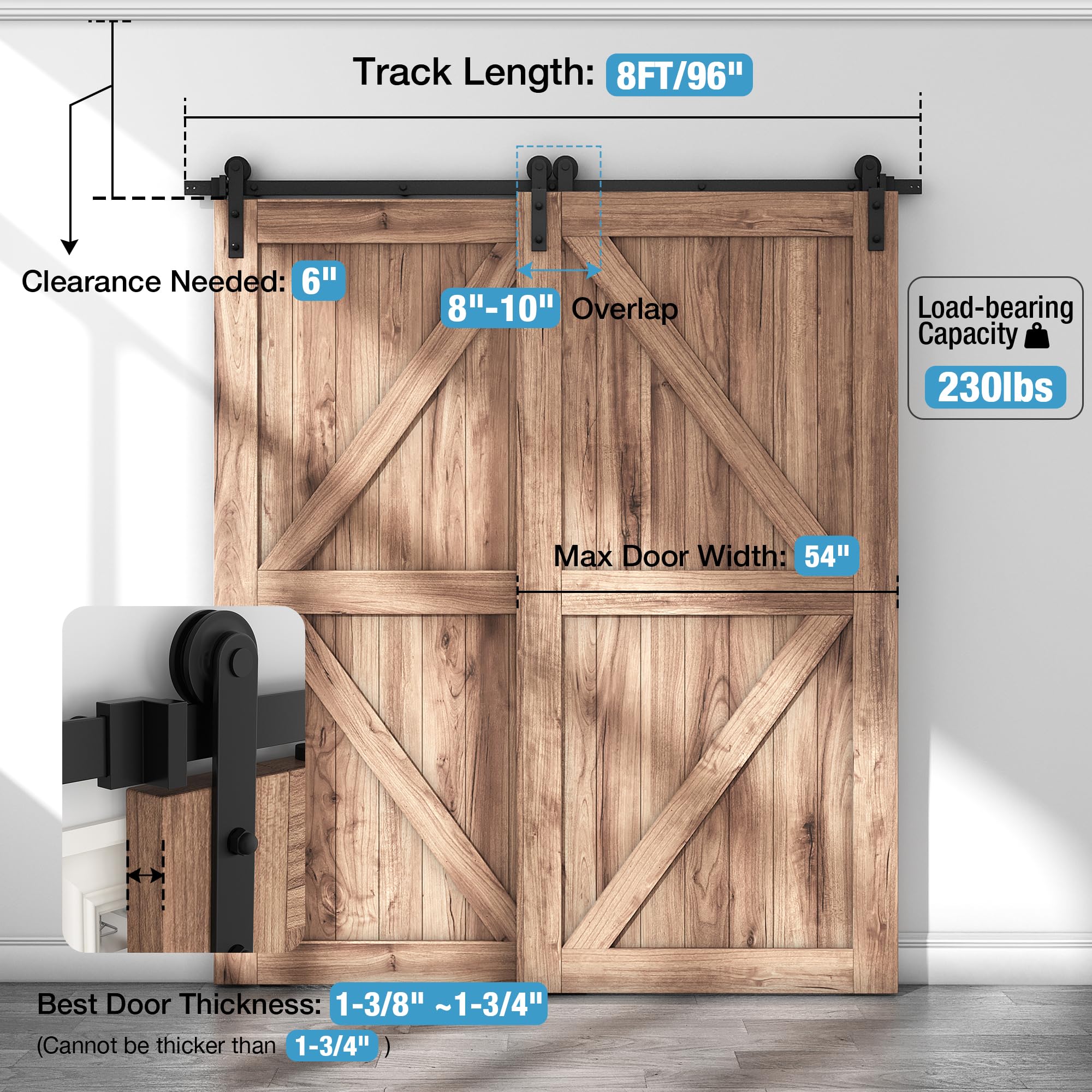 ZEKOO 8 FT Bypass Sliding Barn Door Hardware Kit, Single Track, Double Wooden Doors Use, Flat Track Roller, Low Ceiling (8FT Single Track Bypass)