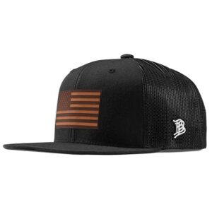 branded bills ‘the salute' usa flag leather patch hat flat trucker - one size fits all (heather grey/black)