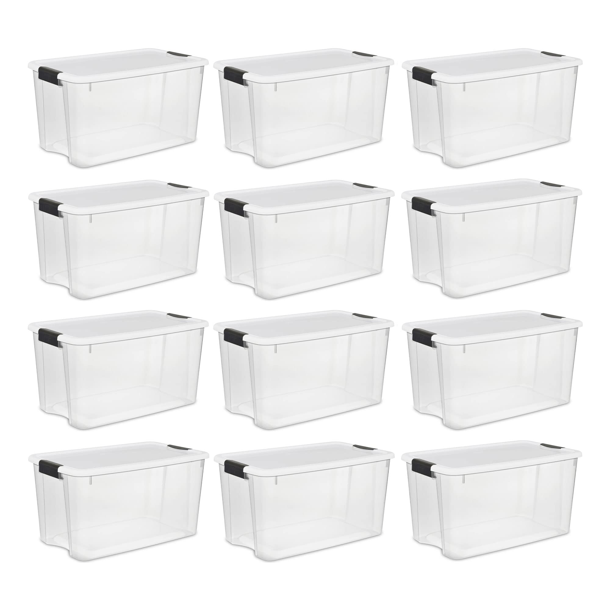 Sterilite 70 Qt Ultra Latch Box, Stackable Storage Bin with Lid, Plastic Container with Heavy Duty Latches to Organize, Clear and White Lid, 12-Pack