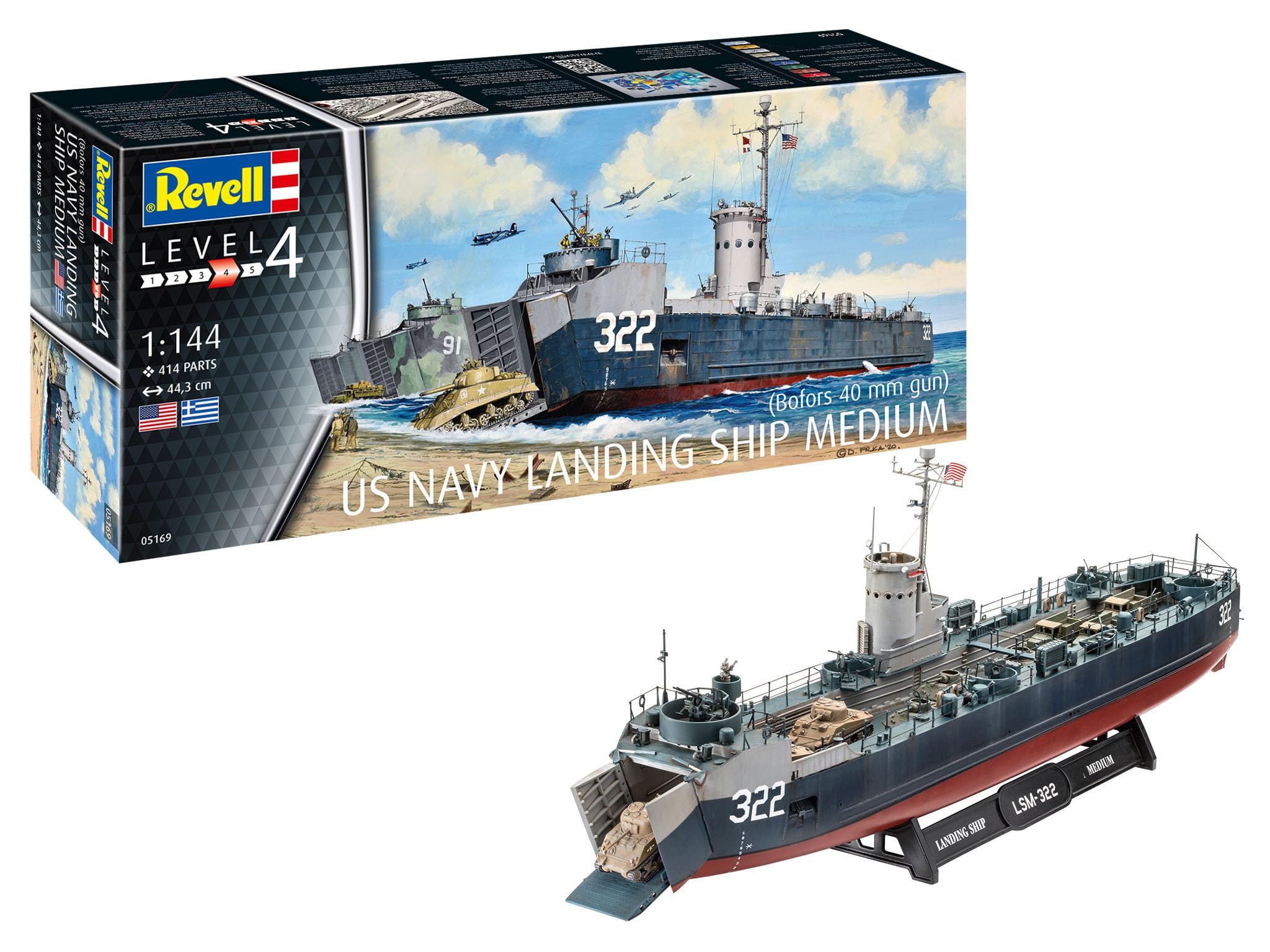 Revell RV05169 05169 US Navy Landing Ship Medium (Bofors 40mm) Plastic Model kit 1:144 Scale, Unpainted