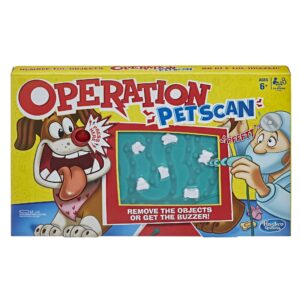 operation pet scan board game for 2 or more players, kids ages 6 and up, with silly sounds, remove the objects or get the buzzer