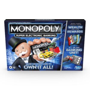 hasbro gaming monopoly super electronic banking board game, electronic banking unit, choose your rewards, cashless gameplay tap technology, for ages 8 and up