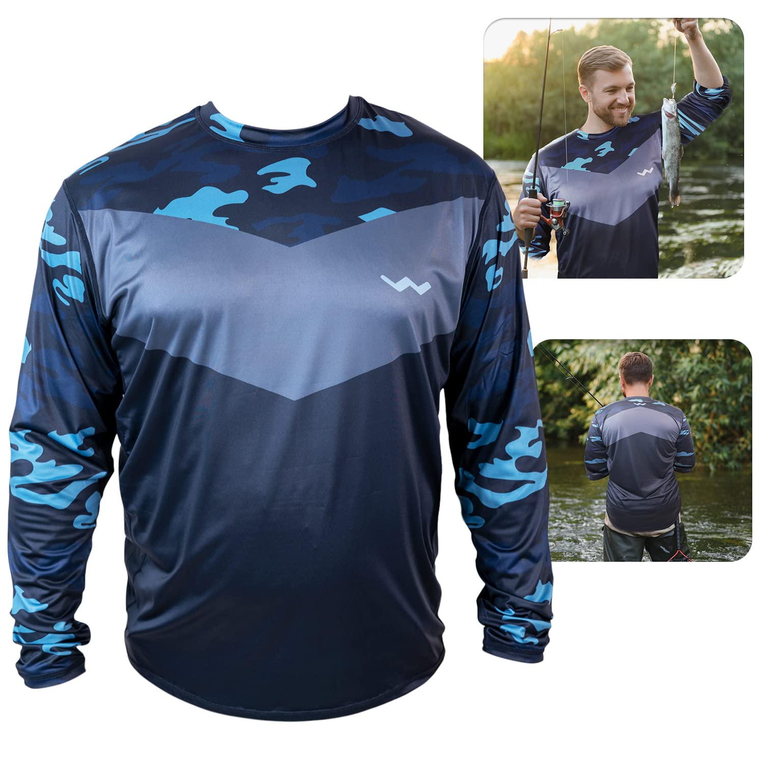 UPF50+ Long Sleeve Fishing Shirts for Men - Vented Sides, Light Weight, Wicking Grey Camo