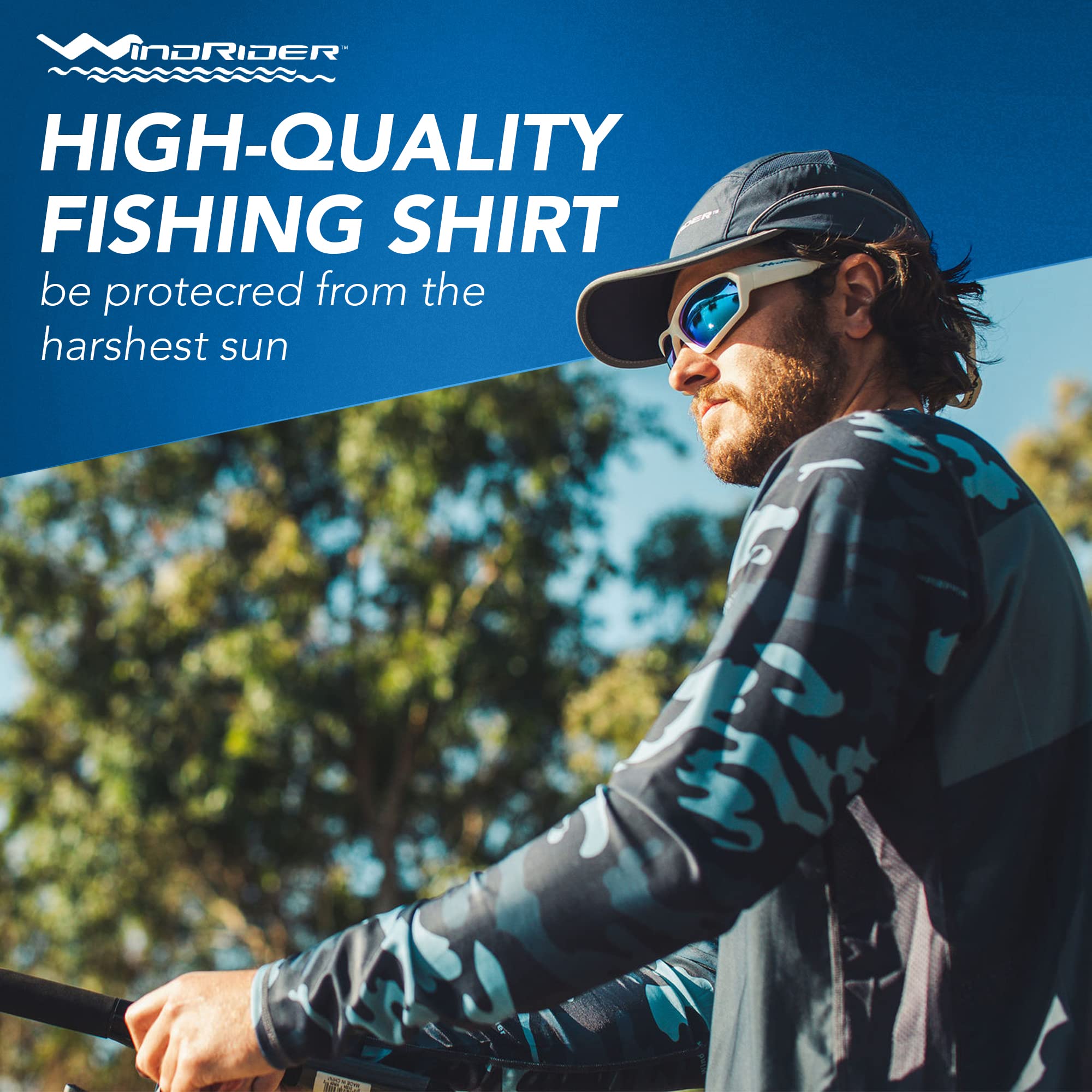 UPF50+ Long Sleeve Fishing Shirts for Men - Vented Sides, Light Weight, Wicking Grey Camo