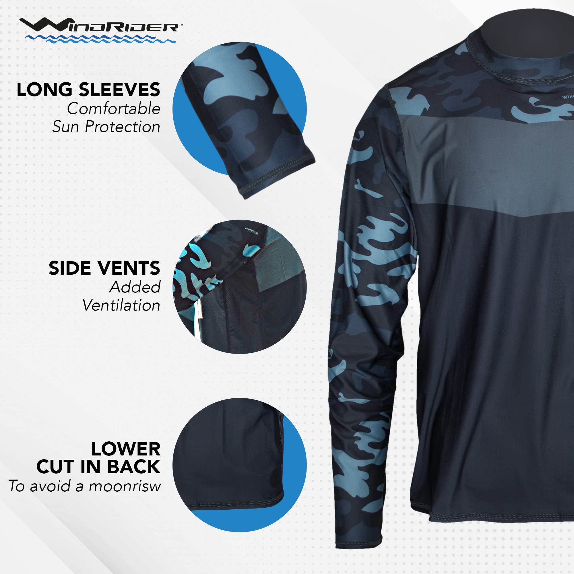 UPF50+ Long Sleeve Fishing Shirts for Men - Vented Sides, Light Weight, Wicking Grey Camo