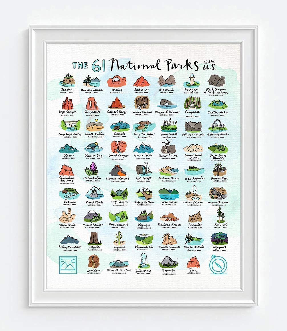 The 61 National Parks of the U.S. Art Print, Unframed, Wall Art Decor Poster Sign, Adventure Inspirational Gift, 8x10 Inches