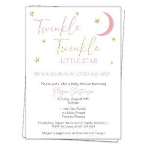 twinkle little star baby shower invitation over the moon invites pink gold girls glitter custom customize personalize printed cards (12 count)
