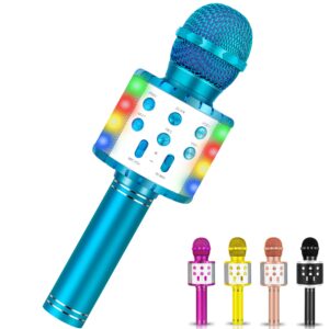 winique karaoke microphone for kids with bluetooth & led lights - 5 in 1 fun toys home ktv birthday party player - christmas stocking stuffers for girls, boys, and teens(blue)