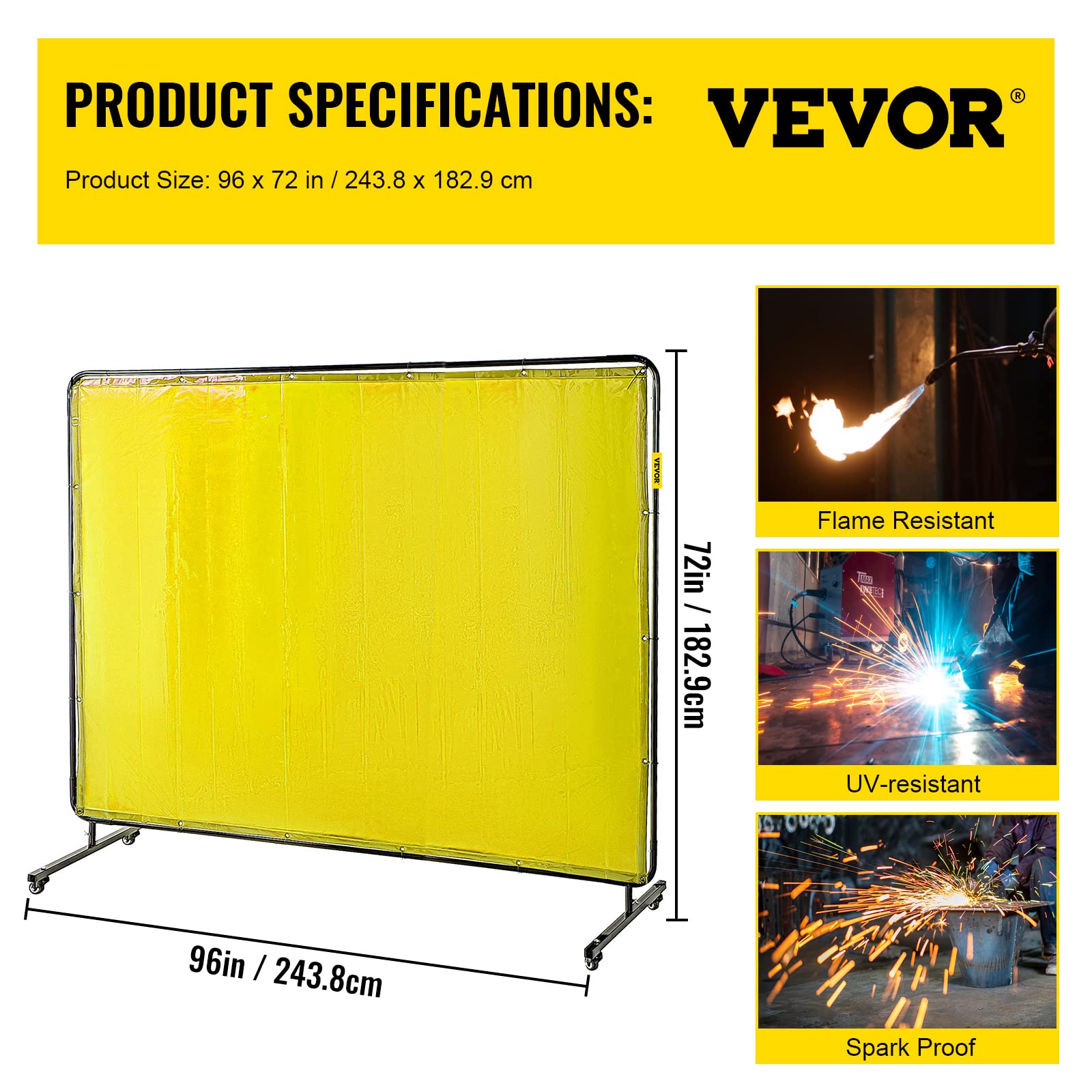 Mophorn Welding Screen with Frame 8' x 6', Welding Curtain with 4 Wheels, Welding Protection Screen Yellow Flame-Resistant Vinyl, Portable Light-Proof Professional