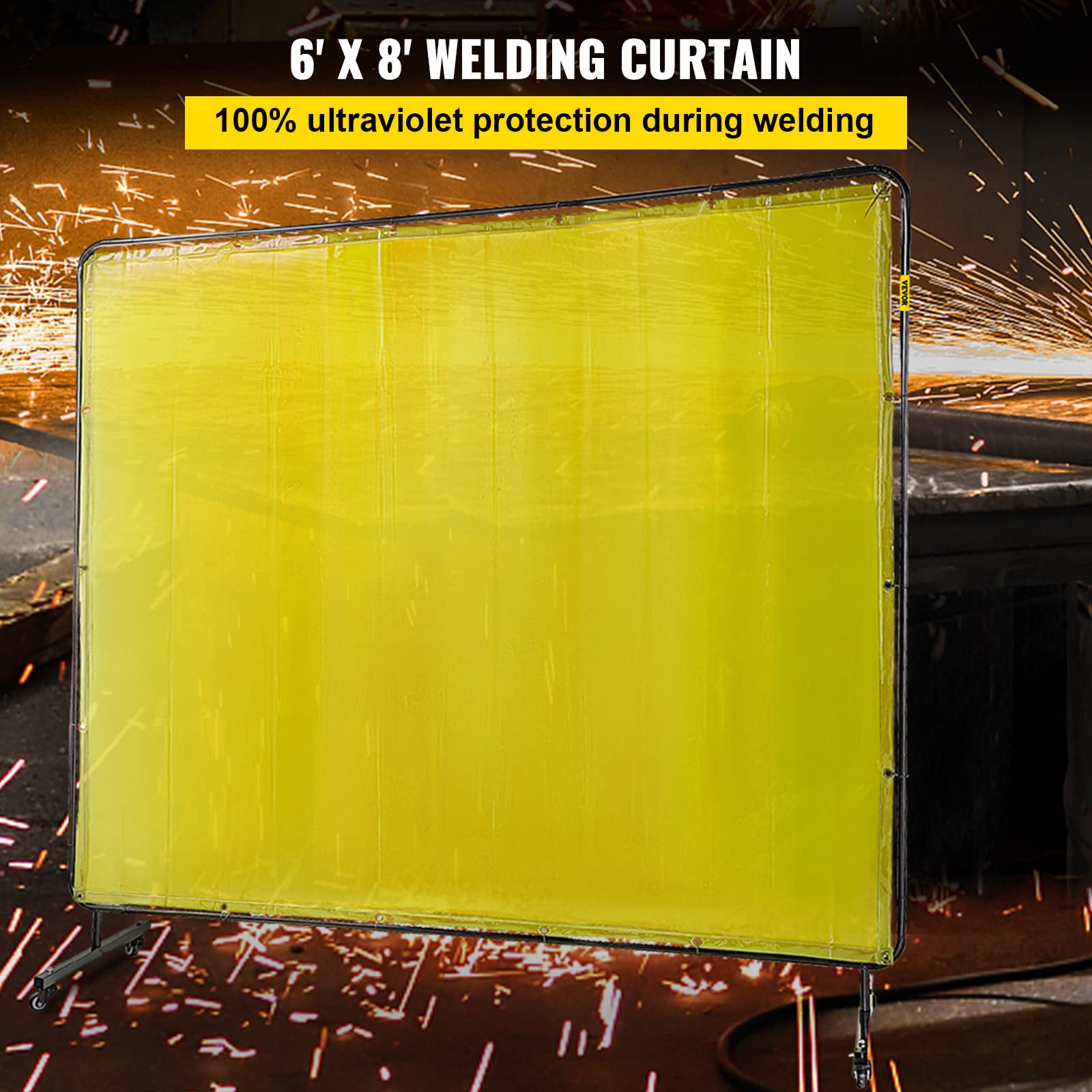 Mophorn Welding Screen with Frame 8' x 6', Welding Curtain with 4 Wheels, Welding Protection Screen Yellow Flame-Resistant Vinyl, Portable Light-Proof Professional