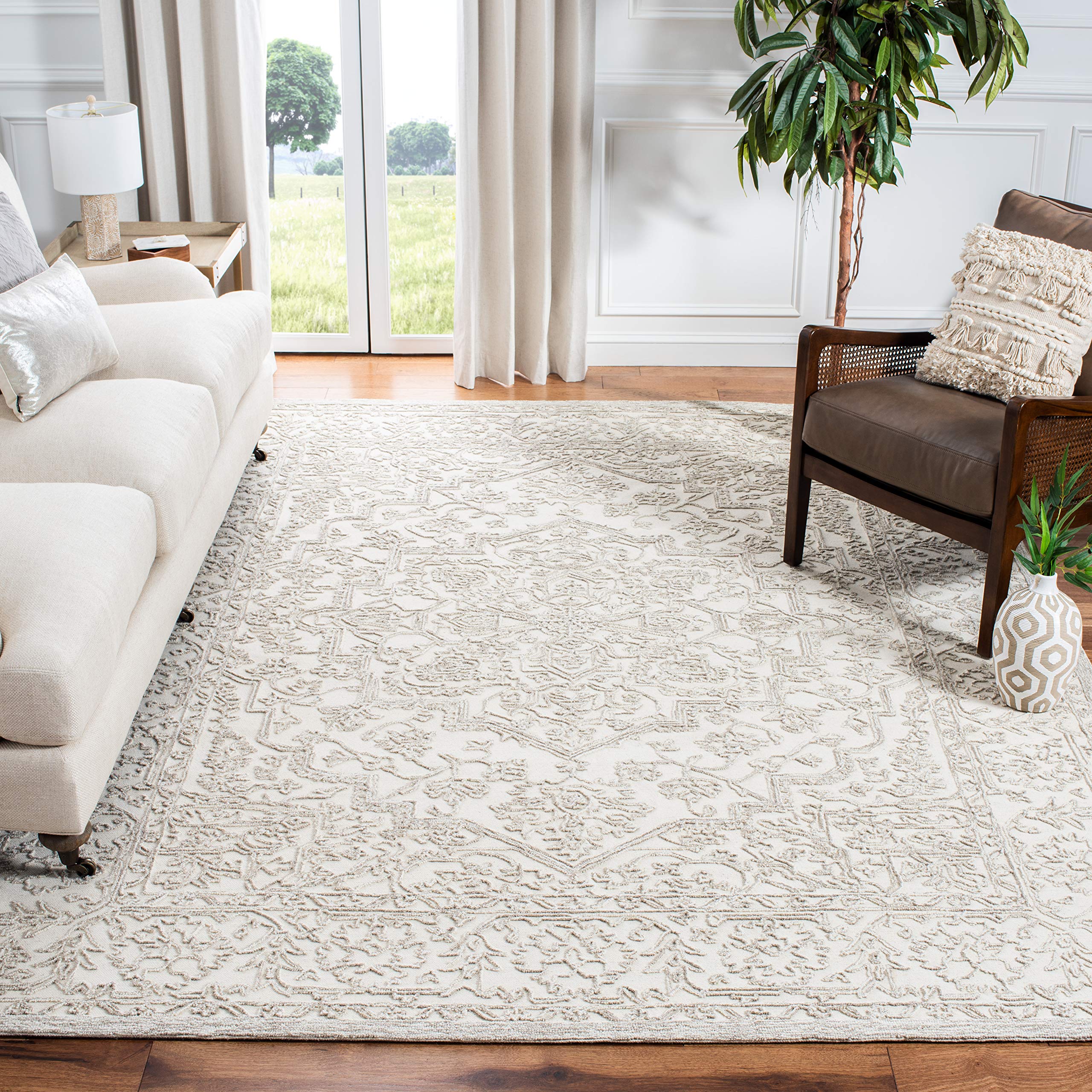 SAFAVIEH Trace Collection Area Rug - 8' x 10', Ivory & Natural, Handmade Wool, Ideal for High Traffic Areas in Living Room, Bedroom (TRC302A)