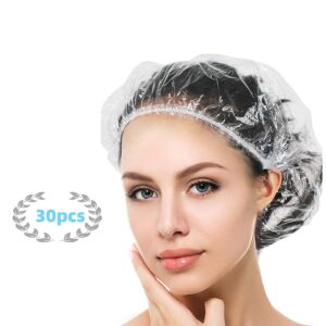 yizijizi 30pcs disposable shower caps, large thick clear waterproof shower cap for women, large size 20.5", home use, spa, hotel and hair salon, clear shower caps for travel