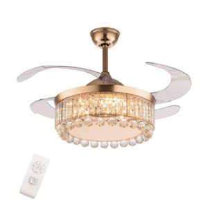 TFCFL 42" Gold Crystal Ceiling Fan Lights with Remote Control,Ceiling Fan Chandelier LED Three-Color Lights 3 Speeds Fan Retractable Blade for Living Room, Kitchen, Restaurant (Gold)