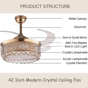TFCFL 42" Gold Crystal Ceiling Fan Lights with Remote Control,Ceiling Fan Chandelier LED Three-Color Lights 3 Speeds Fan Retractable Blade for Living Room, Kitchen, Restaurant (Gold)