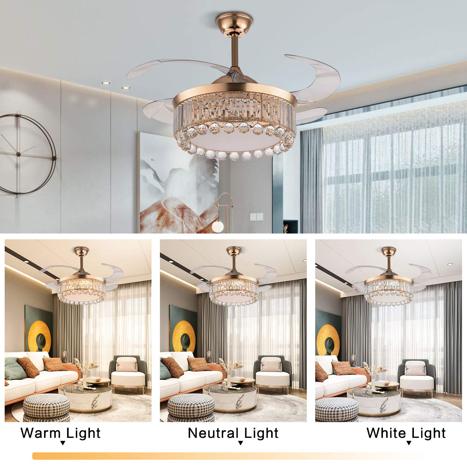 TFCFL 42" Gold Crystal Ceiling Fan Lights with Remote Control,Ceiling Fan Chandelier LED Three-Color Lights 3 Speeds Fan Retractable Blade for Living Room, Kitchen, Restaurant (Gold)