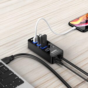 Atolla 4-Port USB 3.0 Hub with 4 Data Ports, 1 Smart Charging Port, Individual On/Off Switches and 5V/3A Adapter