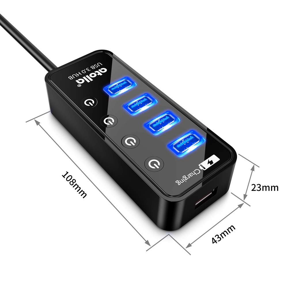 Atolla 4-Port USB 3.0 Hub with 4 Data Ports, 1 Smart Charging Port, Individual On/Off Switches and 5V/3A Adapter