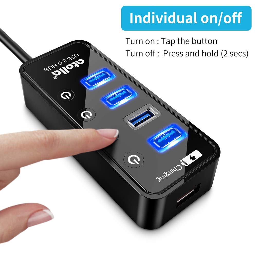 Atolla 4-Port USB 3.0 Hub with 4 Data Ports, 1 Smart Charging Port, Individual On/Off Switches and 5V/3A Adapter