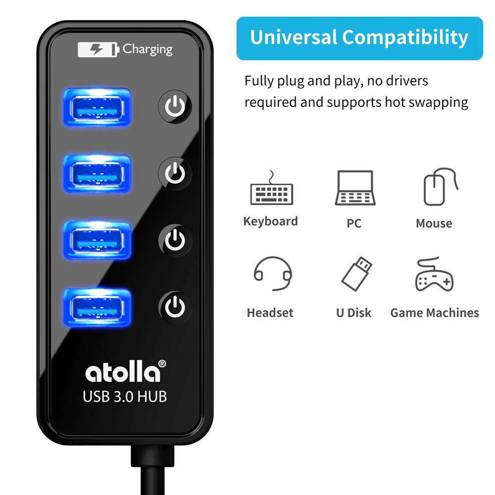 Atolla 4-Port USB 3.0 Hub with 4 Data Ports, 1 Smart Charging Port, Individual On/Off Switches and 5V/3A Adapter